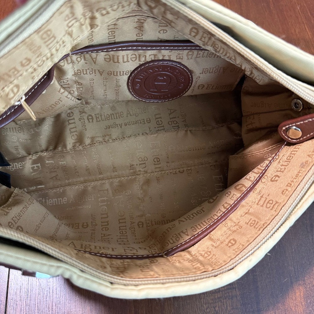 Etienne Aigner Small Shoulder Bag Tan Brown Trim Pockets Buckle Y2K Preppy - Picture 5 of 11